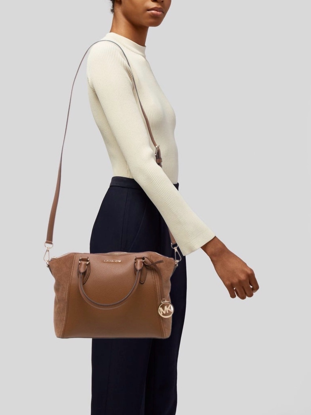 Michael Kors Tan Leather Satchel Shoulder Bag with MK Charm